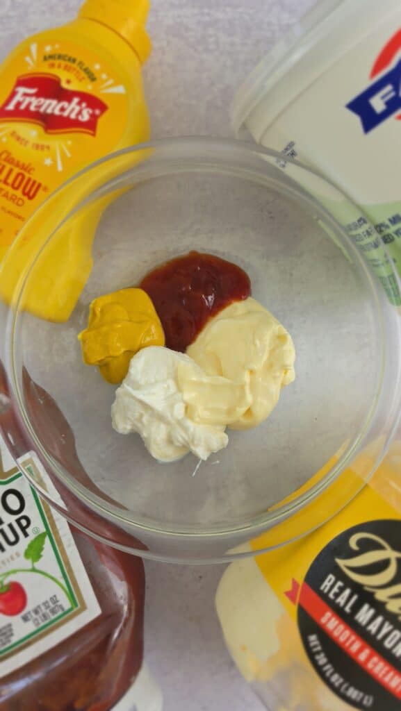 ingredients for special sauce: mayonnaise, Greek yogurt, mustard, and ketchup