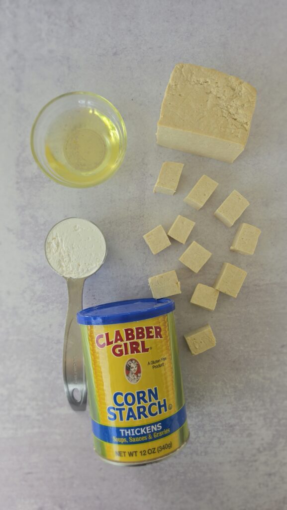 ingredients for crispy pan fried tofu: tofu, neutral oil, cornstarch
