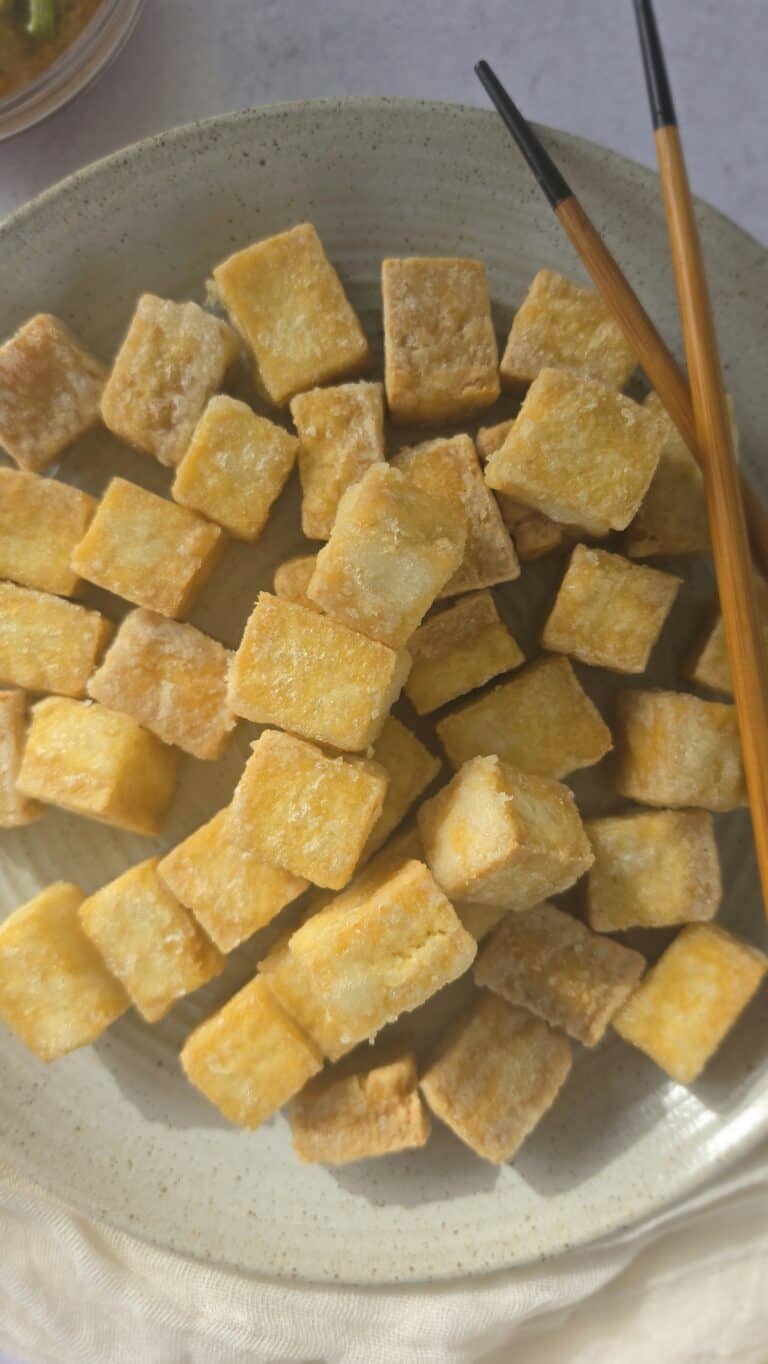 up-close plate of easy pan fried tofu