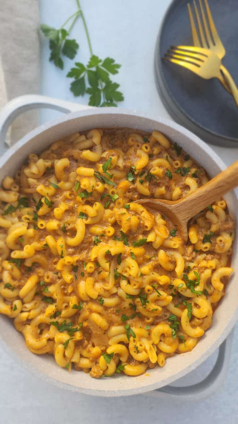 final close-up of hamburger helper in a skillet