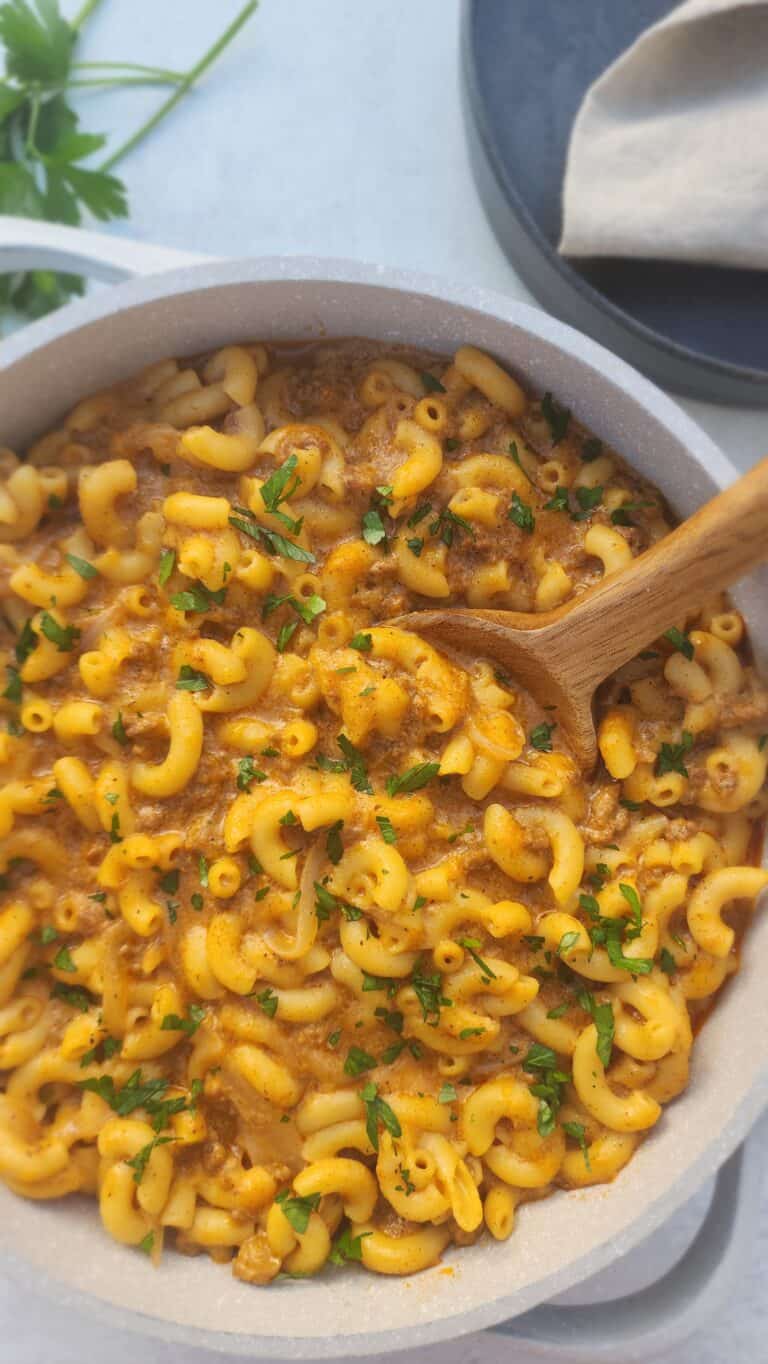 close-up of hamburger helper in a skillet