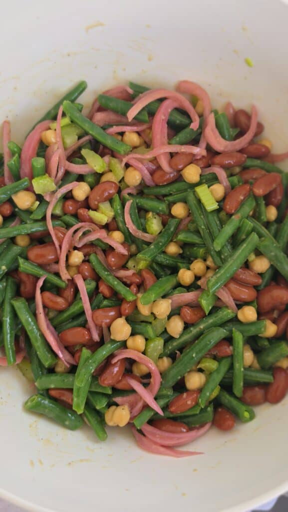 everything mixed together for the easy three-bean salad