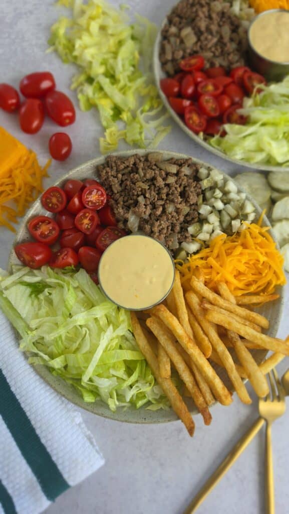 picture of a burger bowl with special sauce and all the toppings