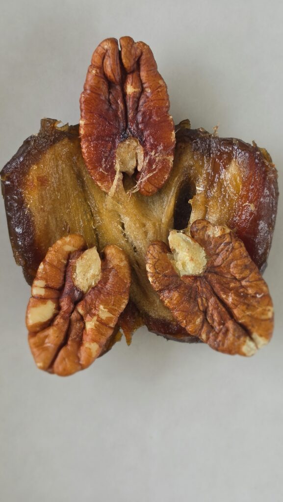 placing pecans on a whole date to make date caramel turtles