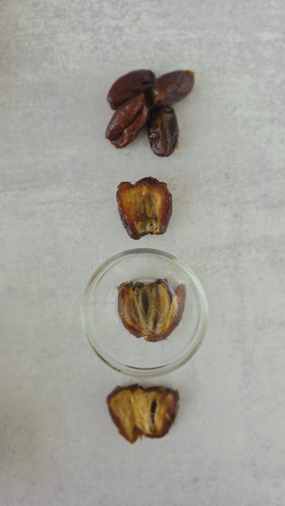 step-by-step process for how to make the date caramel turtles with a whole date